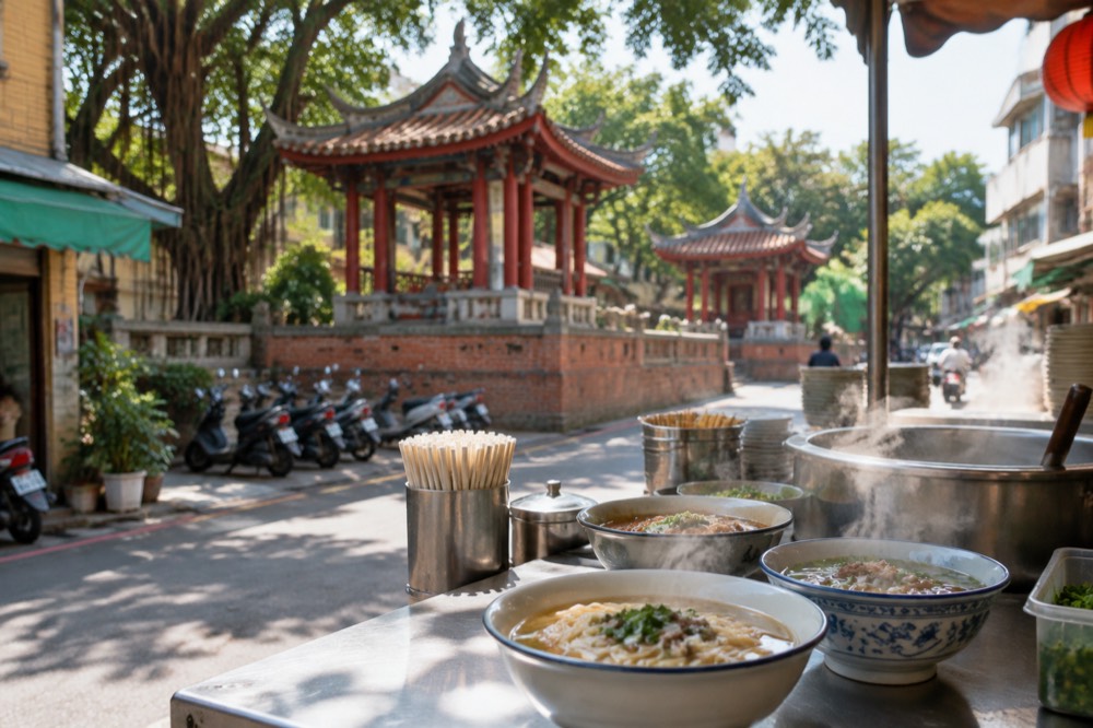 Steaming bowls of soup and noodle dishes on a Tainan food stall counter