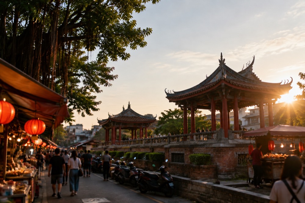 Lanterns and food stalls glowing at a busy Tainan night market