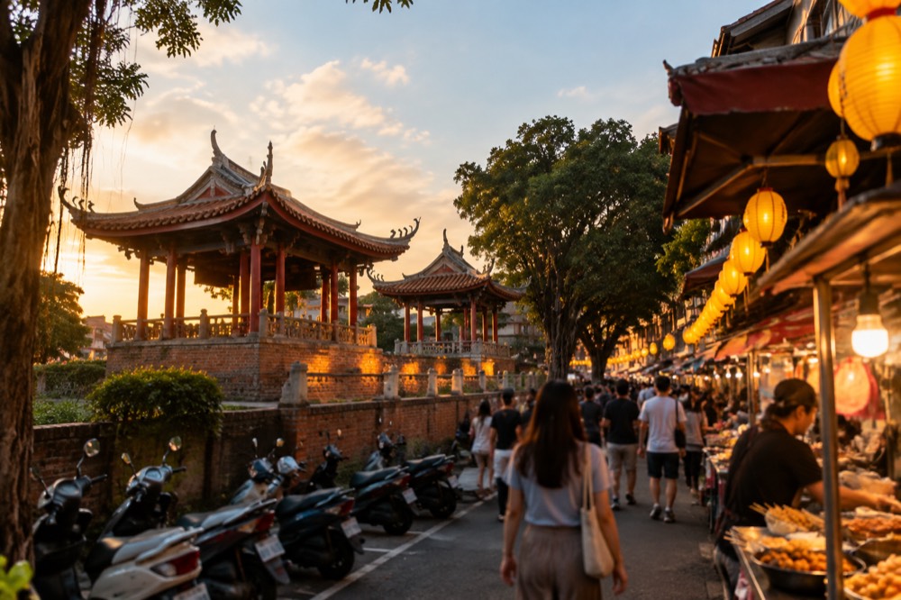 A crowded night market aisle lit by rows of hanging yellow lanterns and food stall signs
