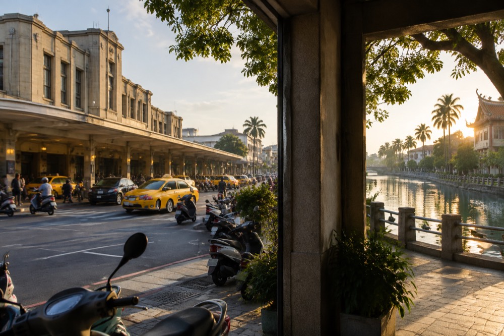 A sunny canal waterfront with palm trees and old low buildings in Tainan